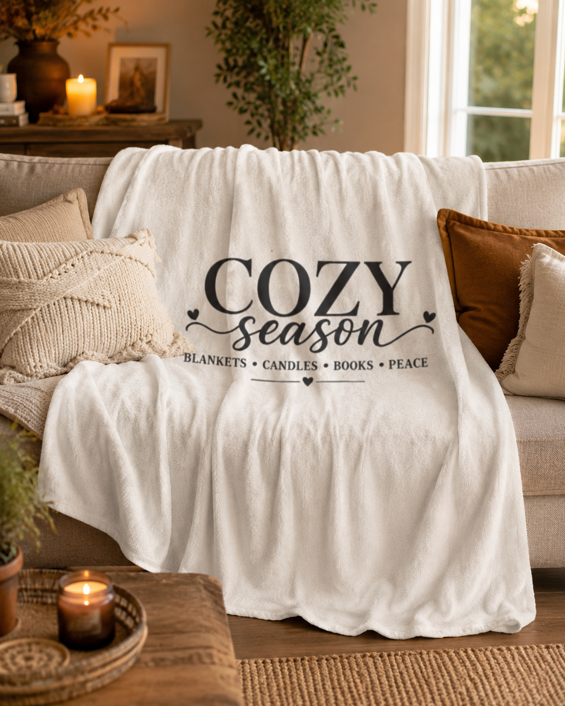 Cozy Season Velveteen Plush Blanket — "Cozy Season: Blankets • Candles • Books • Peace"