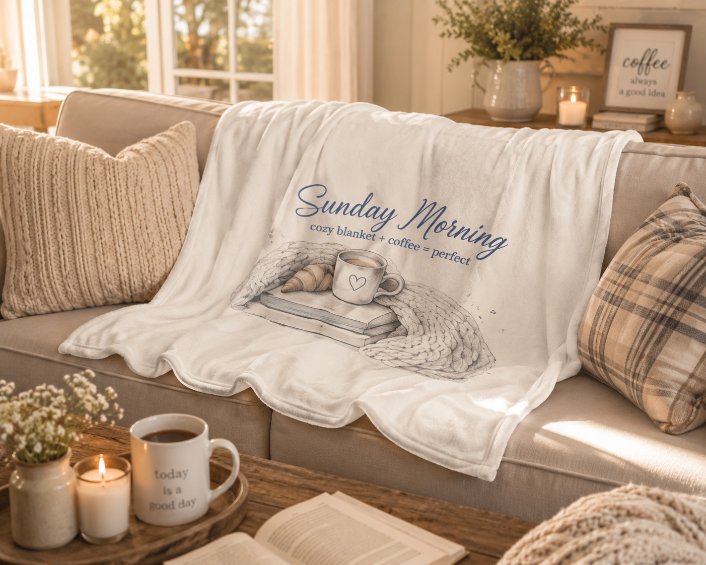 Sunday Morning  Cozy Blanket - Coffee & Slow Mornings  Velveteen Plush Throw