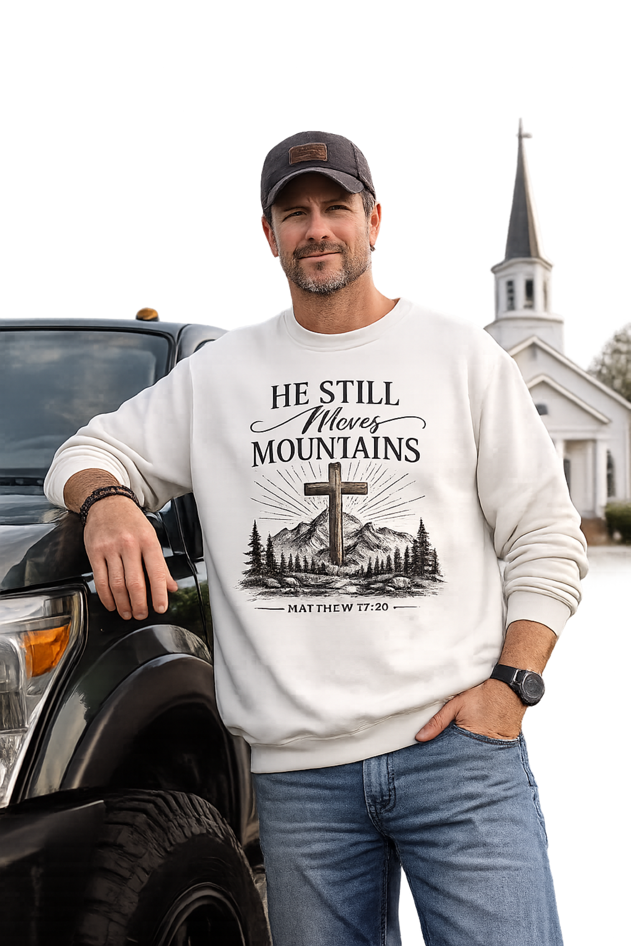 He Still Moves Mountains Crewneck Sweatshirt — Christian Cross Mountain Graphic
