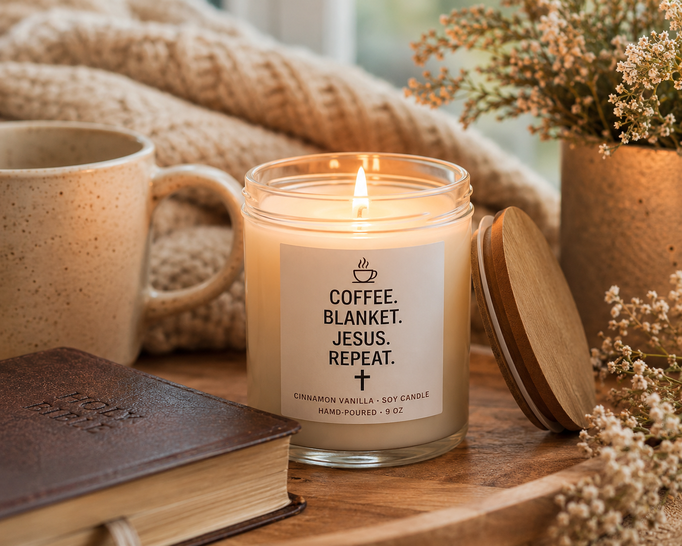 Coffee. Blanket. Jesus. Repeat. — 9oz Scented Soy Candle