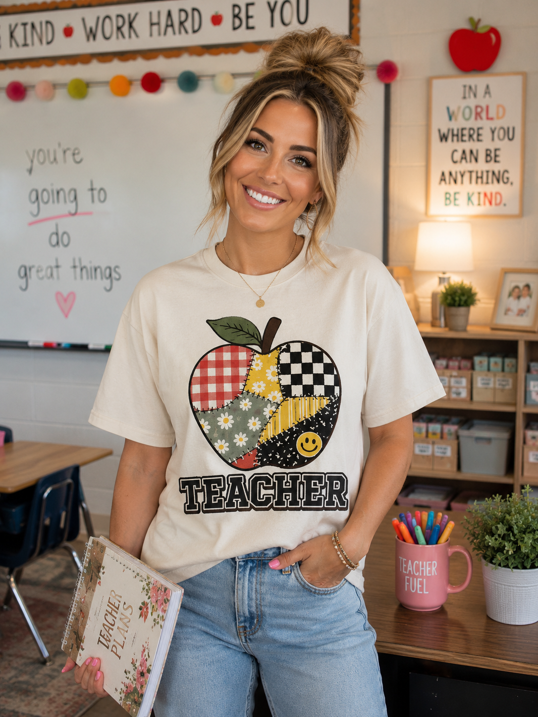 Patchwork Apple Teacher Shirt | Retro Comfort Colors Back to School Tee