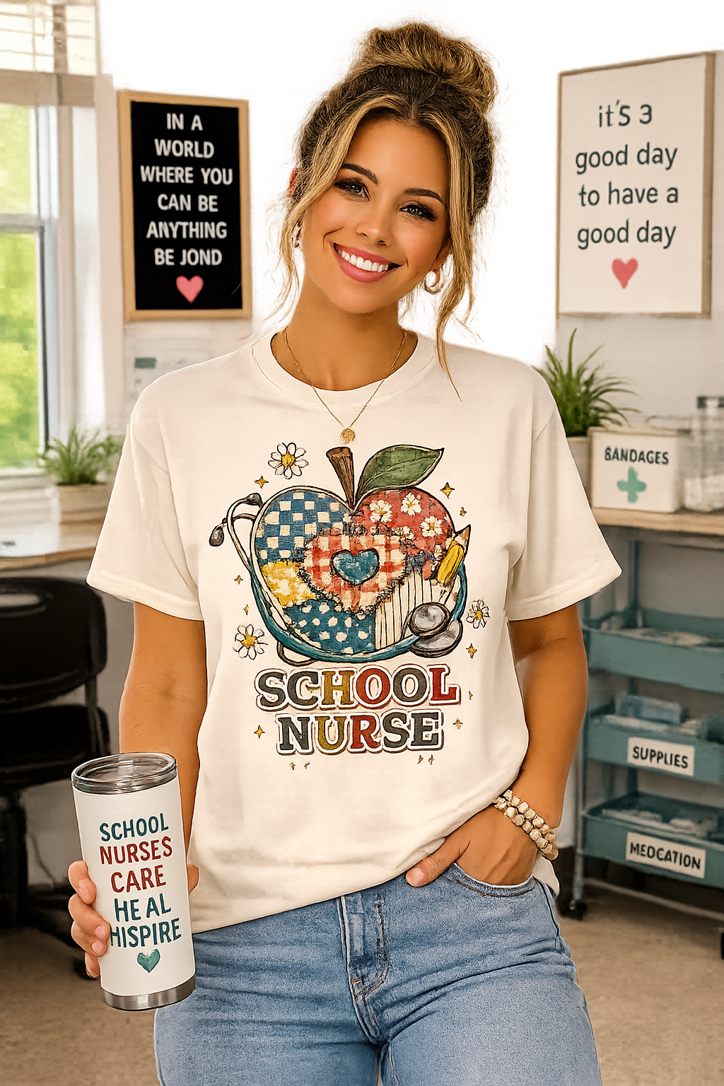 School Nurse T-Shirt — Retro Apple Stethoscope Design