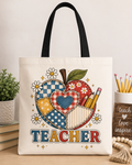 Teacher Heart Apple Tote Bag | Cute Patchwork Teacher Gift | Back to School Tote