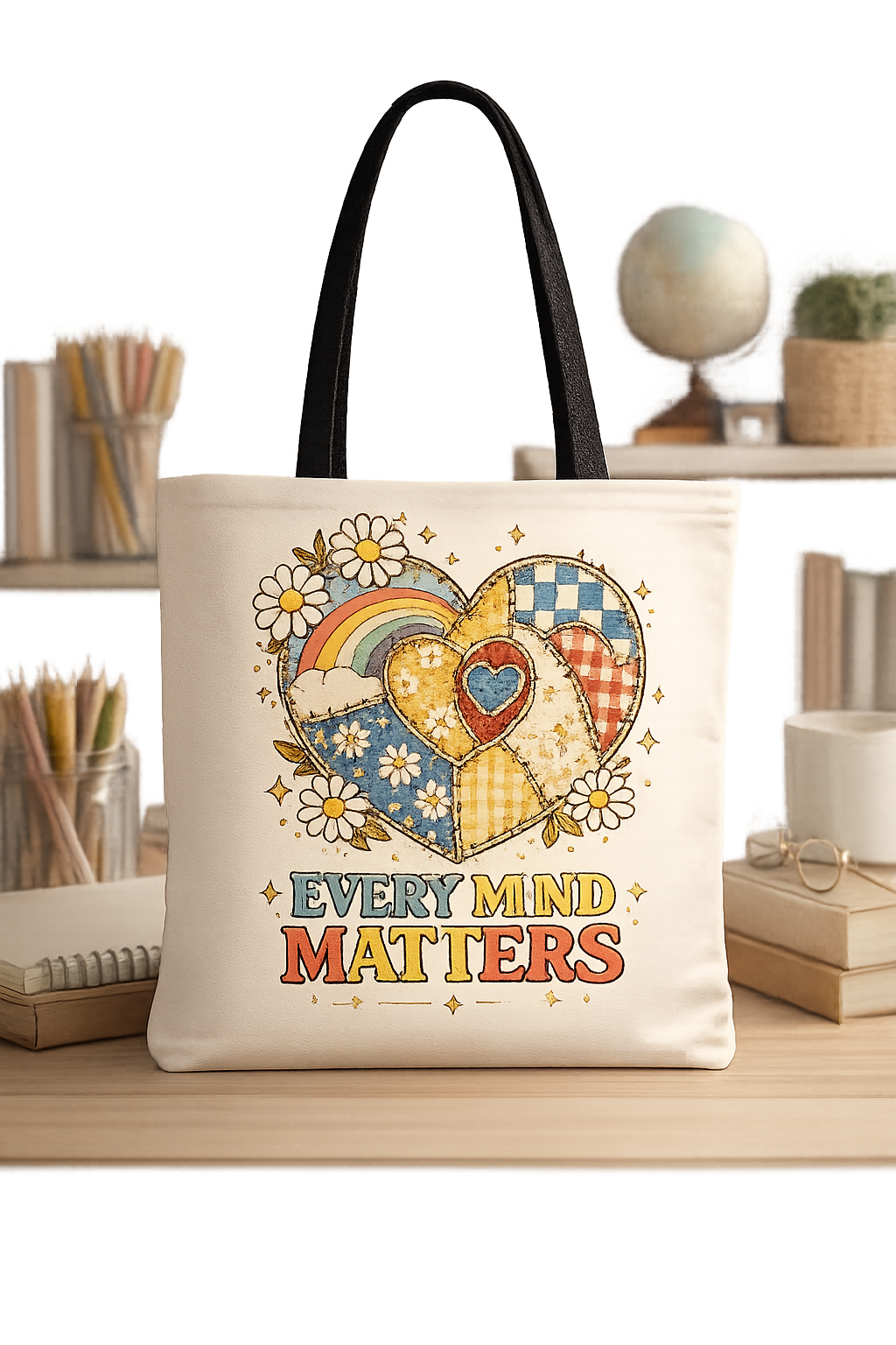 Every Mind Matters Heart Tote Bag | Patchwork Heart Teacher Gift | Back to School Canvas Tote