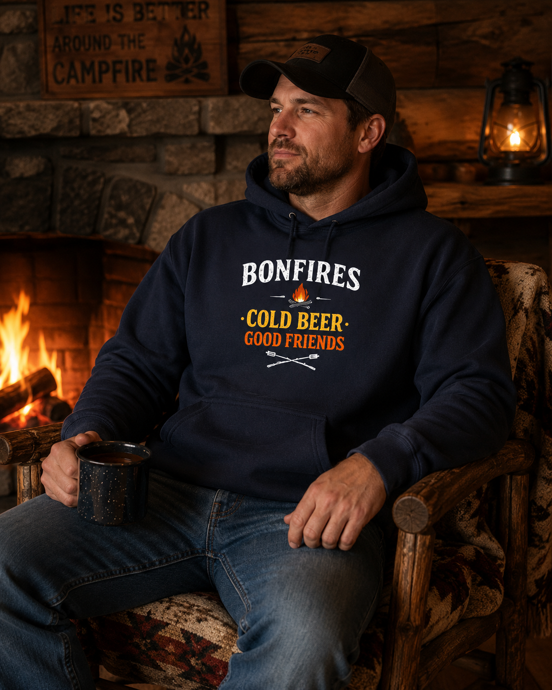 Bonfires Hoodie – “Cold Beer · Good Friends” Campfire Hoodie